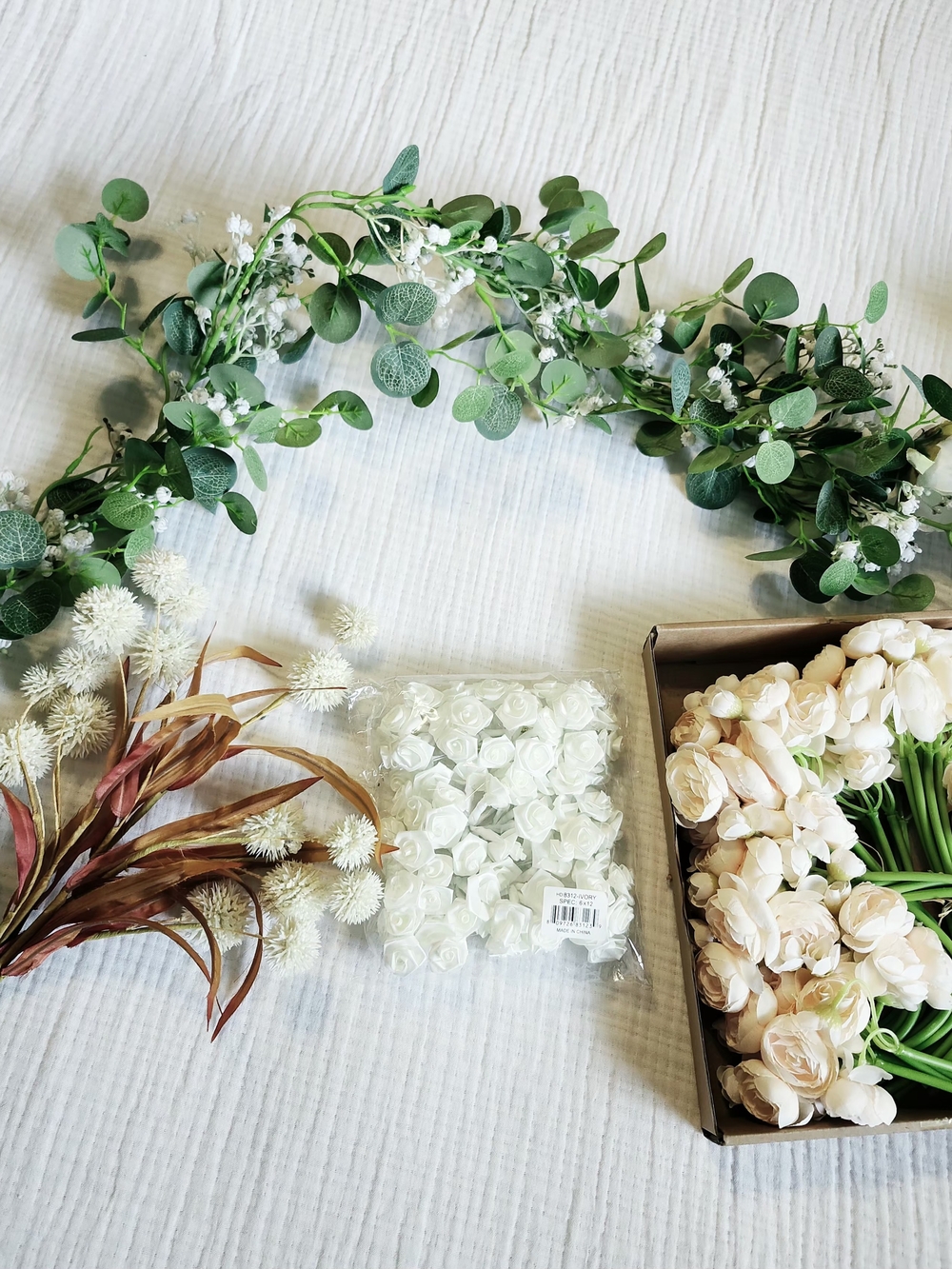 Artificial Eucalyptus Garland & Cream Flower Bundle – Home & Party Decor
